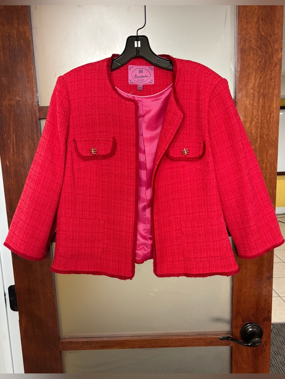 Bariloche Red Collarless Tweed Blazer with Decorative Buttons